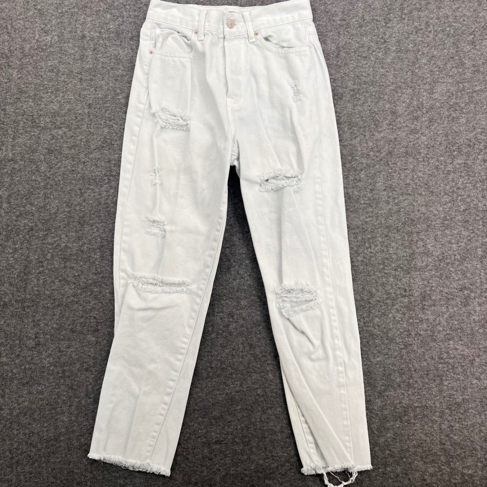 Forever 21 White Distressed High Rise Mom Jeans Raw Hem Size 26 Denim Festival